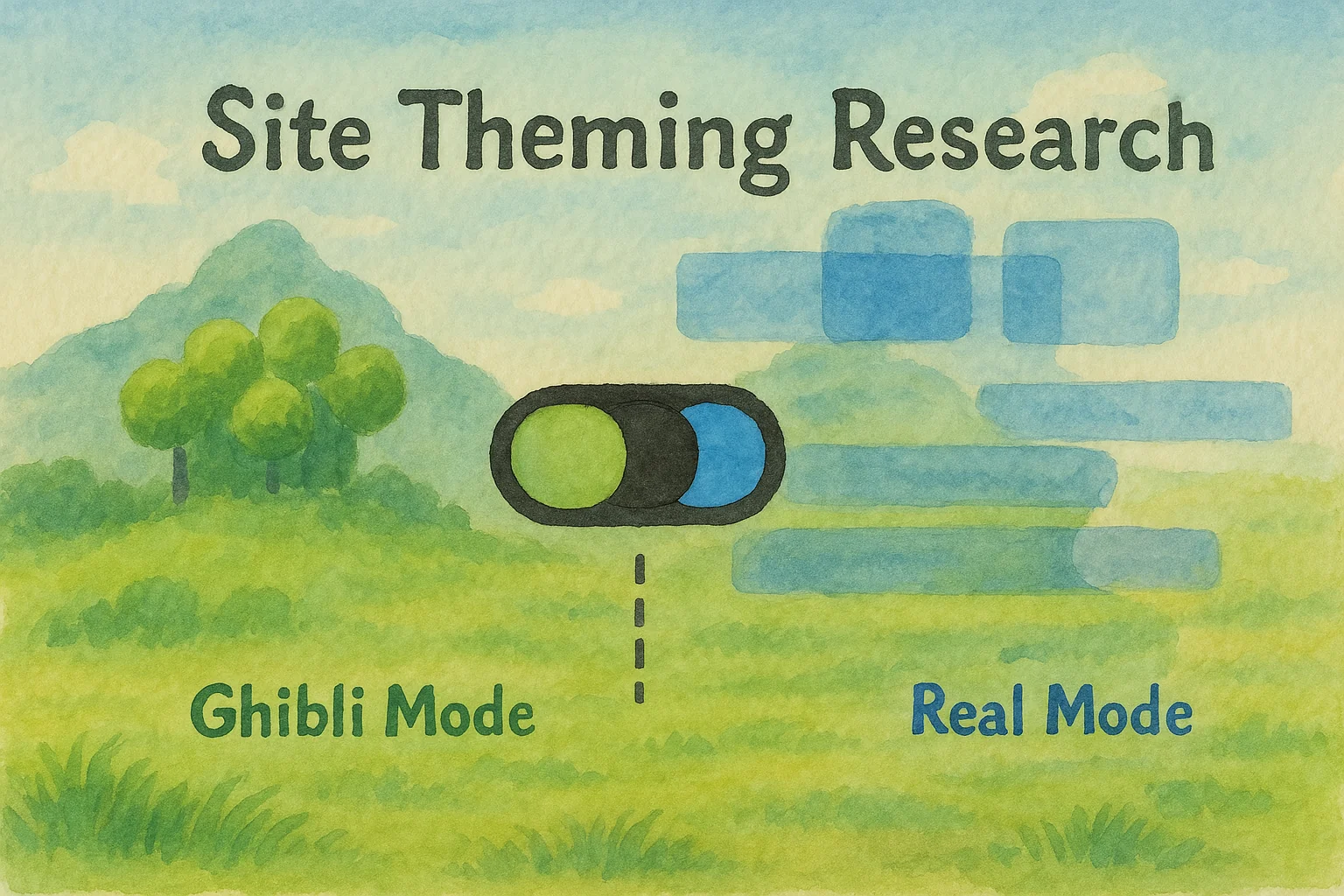 Site Theming Research banner showing Ghibli and Real theme modes